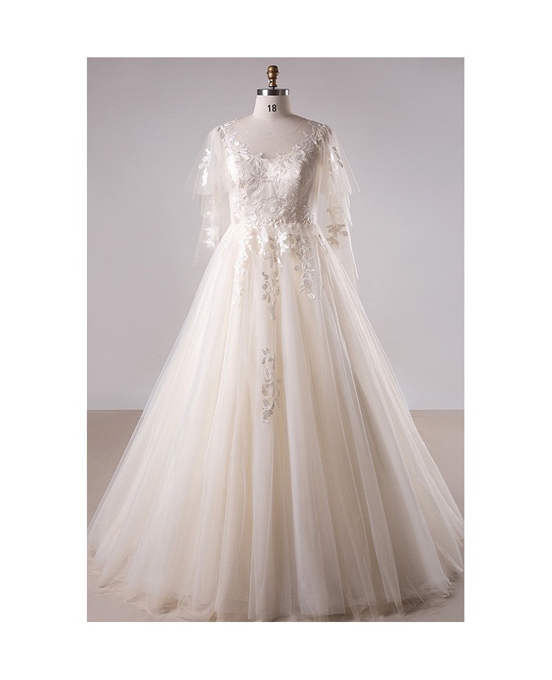 Plus Size Light Champagne Lace Long Tulle Country Wedding Dress