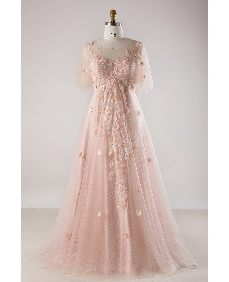 Plus Size Blush Pink Flowing Long Tulle Flowers Long Formal Dress - Click Image to Close