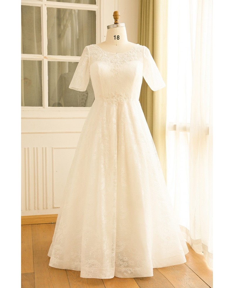 Modest Plus Size Ivory Lace Mature Women Wedding Dress With Short Sleeves