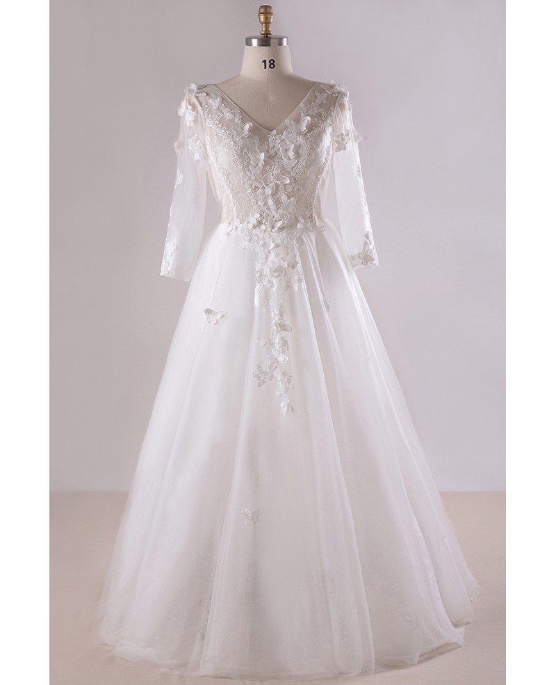 Gorgeous Plus Size White Butterflies Long Tulle Wedding Dress With 3/4 Sleeves - Click Image to Close