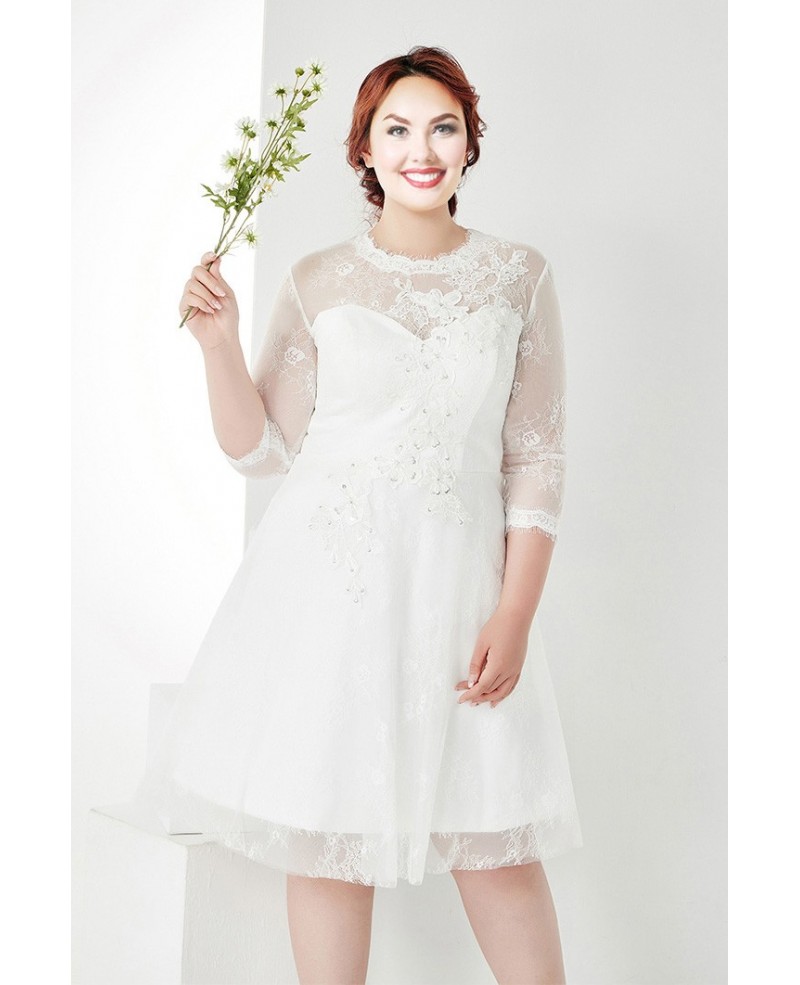 Modest Plus Size White Lace 3/4 Sleeves Short Wedding Dress - Click Image to Close