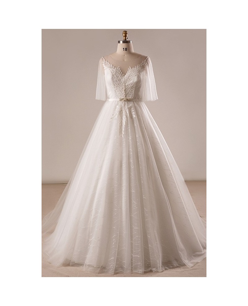 Gorgeous Plus Size Ivory Leaf Lace Wedding Dress With Flowing Sleeves - Click Image to Close