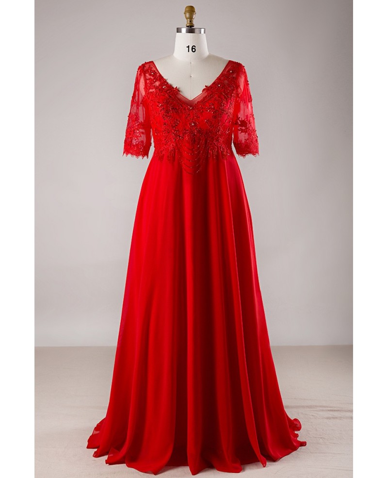 Plus Size Red Lace Empire Waist Long Chiffon Formal Dress With Lace Sleeves - Click Image to Close