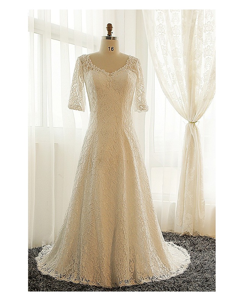 Best Plus Size Ivory Full Lace Modest Wedding Dress With Lace Sleeves - Click Image to Close