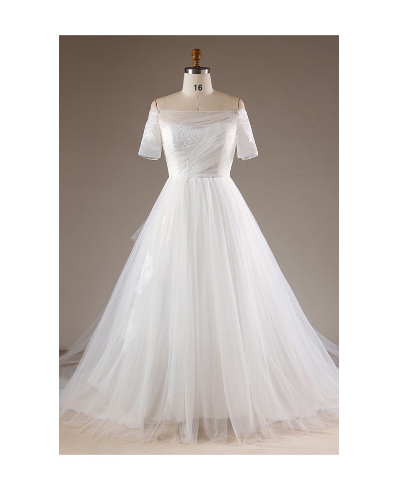 Simple Plus Size Off Shoulder Tulle Wedding Dress With Lace Back