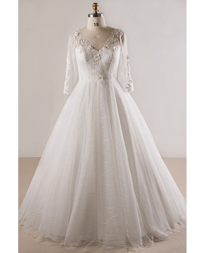 Plus Size Lace 3/4 Sleeves Floor Length Modest Wedding Dress - Click Image to Close