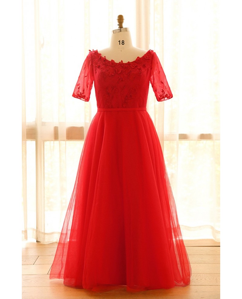 Plus Size Red Round Neck Floor Length Long Tulle Formal Party Dress - Click Image to Close