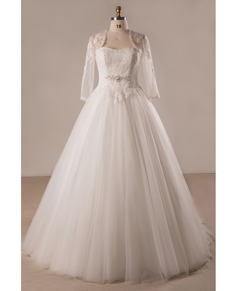 Plus Size Lace Tulle Ballgown Strapless Wedding Dress With Lace Jacket - Click Image to Close