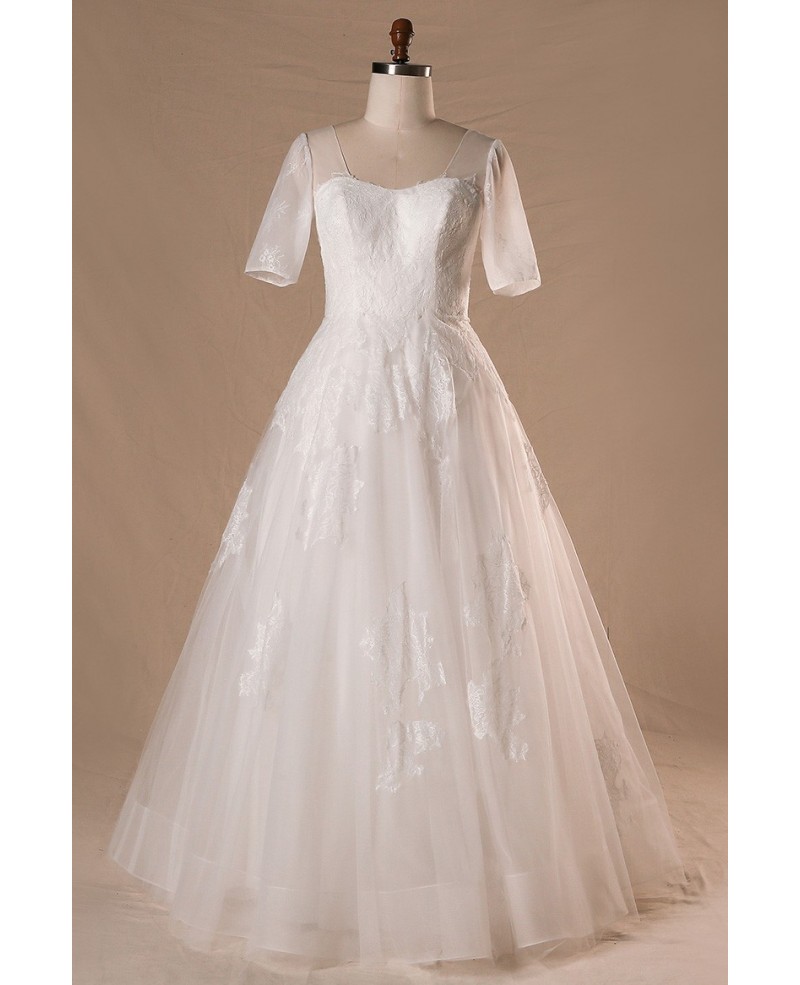 Modest Plus Size A-line Lace Tulle Wedding Dress With Corset Lace Back - Click Image to Close