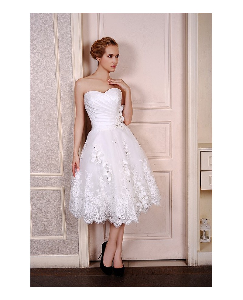 A-Line Sweetheart Tea-Length Satin Tulle Wedding Dress With Beading Appliques Lace Flowers