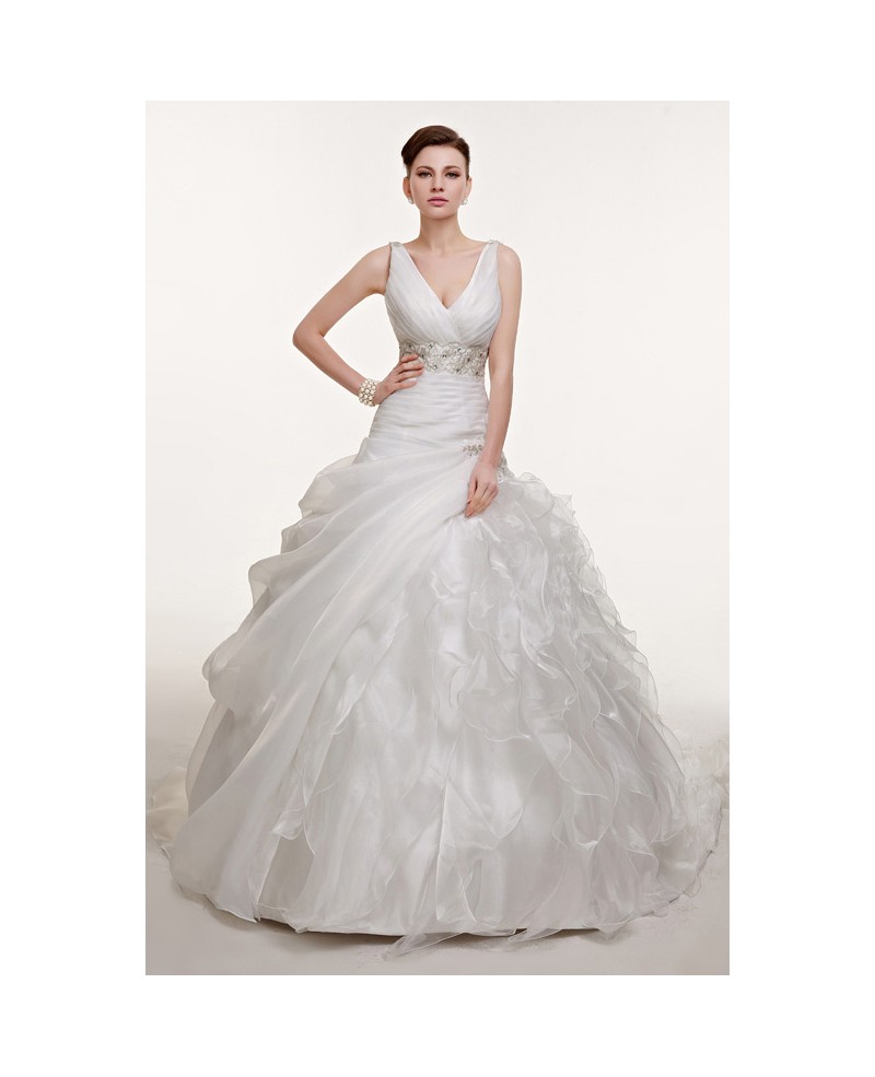 Beautiful V-neck Pleated Asymmetrical Ruffles Wedding Dress