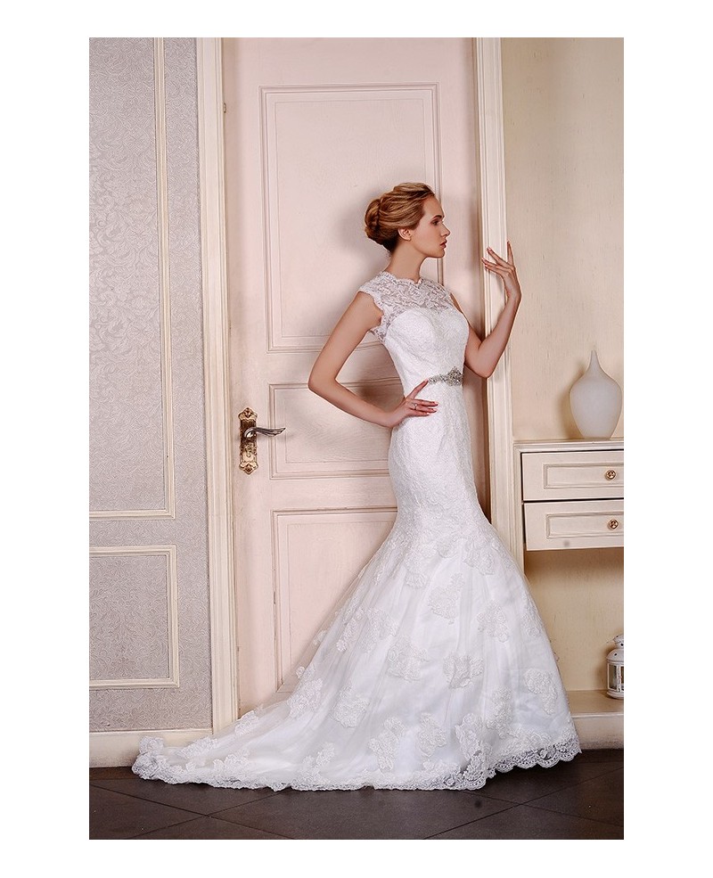 Mermaid Scoop Neck Court Train Lace Wedding Dress With Beading