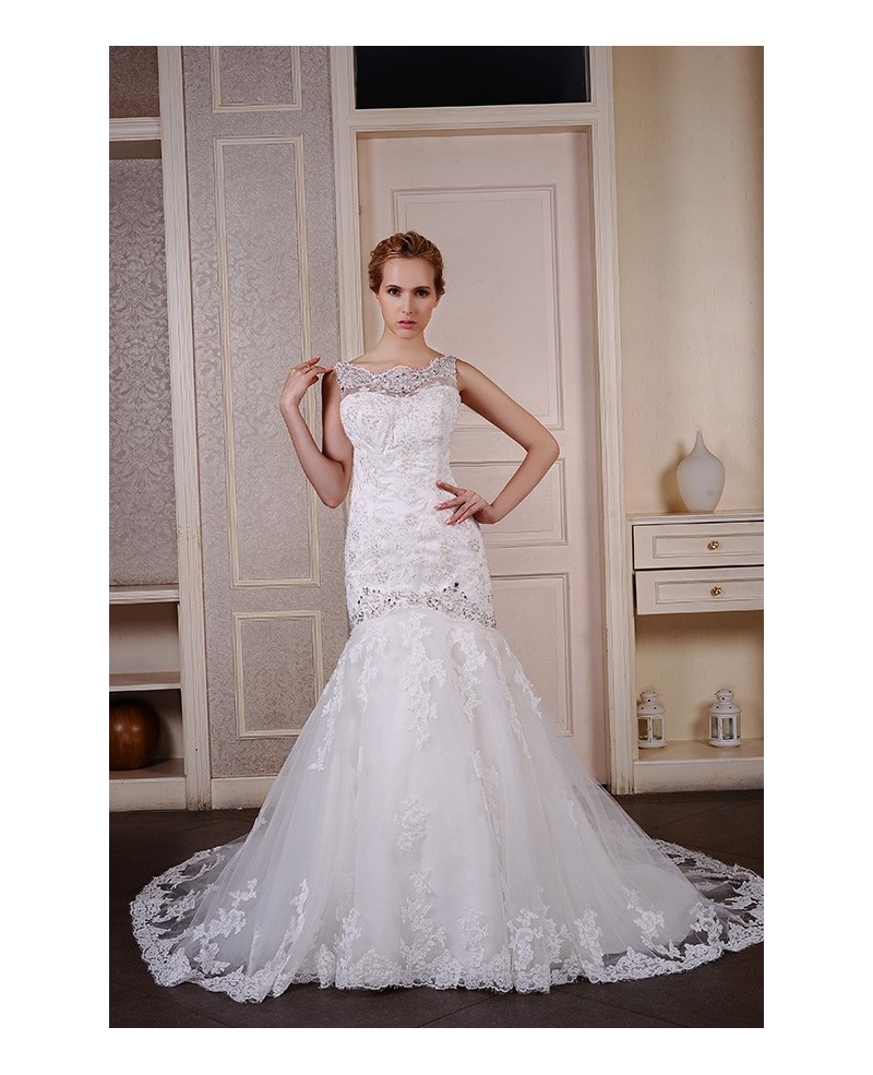 Mermaid Scoop Neck Court Train Tulle Wedding Dress With Beading Appliques Lace