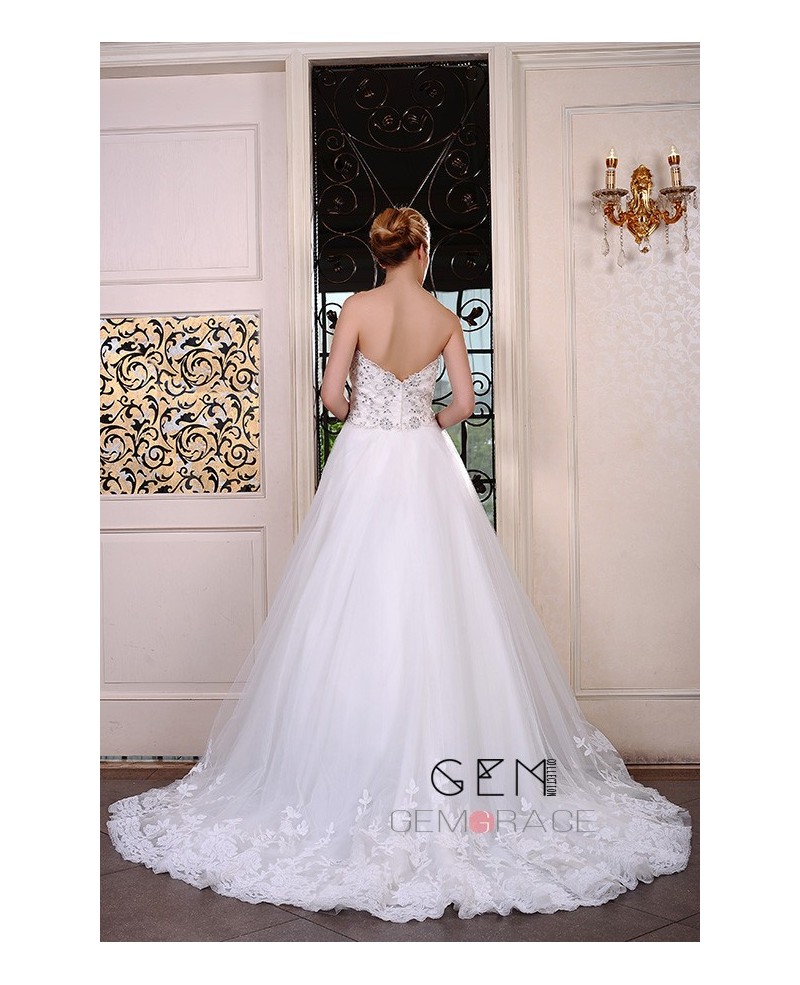 Ball-Gown Sweetheart Chapel Train Tulle Wedding Dress With Beading Appliques Lace