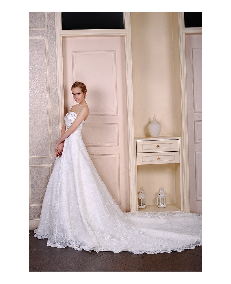 Ball-Gown Sweetheart Cathedral Train Lace Wedding Dress With Beading