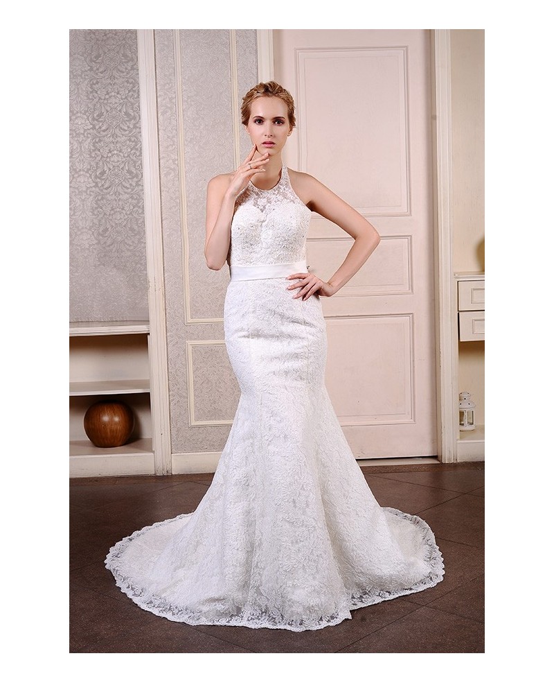 Mermaid Halter Court Train Lace Wedding Dress With Beading