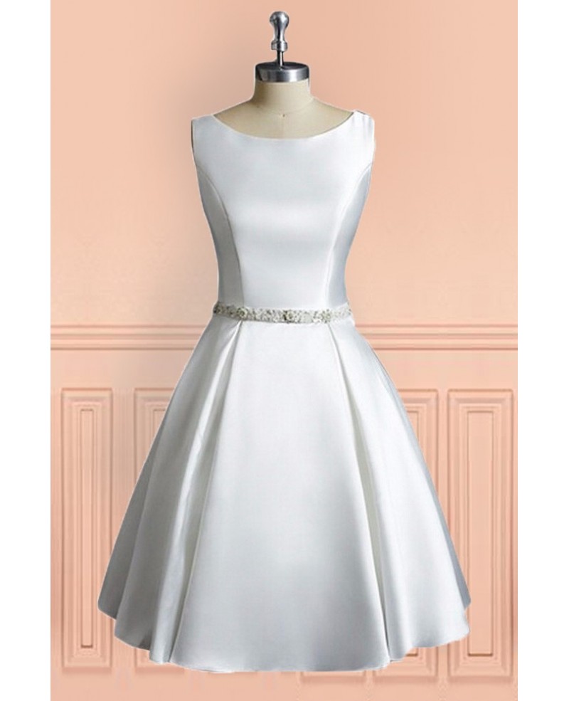 Simple Vintage A Line Satin Short Wedding Dress Reception Sleeveless