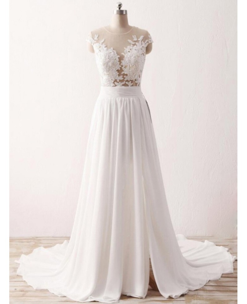 Cheap Slit Chiffon Wedding Dress For Older Brides With Delicate Appliques - Click Image to Close