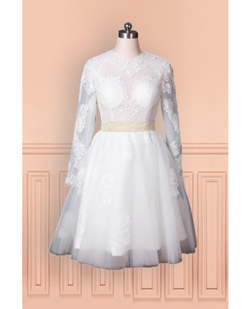 Vintage Tulle Lace Wedding Dress With Long Sleeves In Knee Length - Click Image to Close