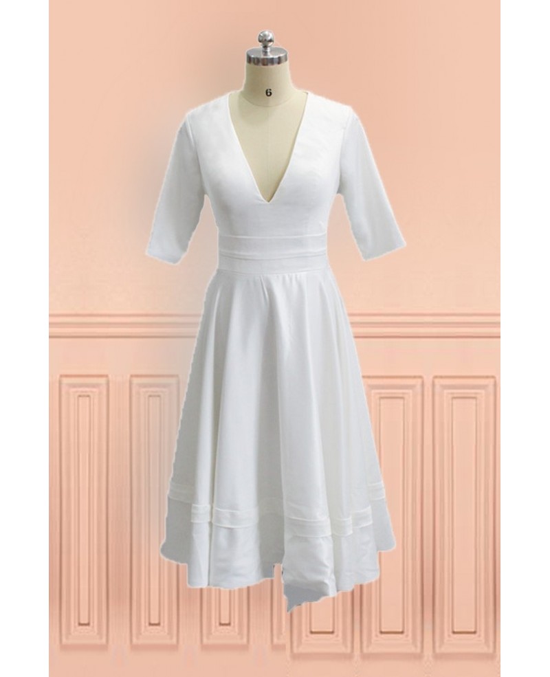 Simple V Neck Tea Length Wedding Dress With Half Sleeve For Mature Brides