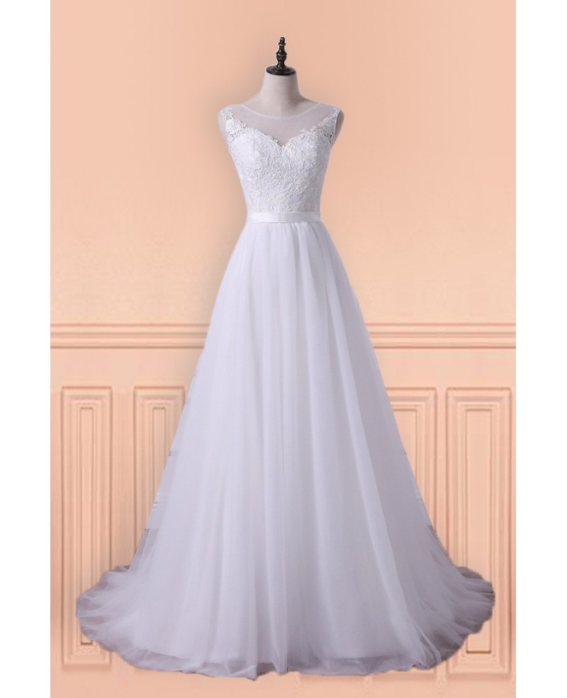 Princess A-line Tulle Long Wedding Dress With Sweep Train For Older Brides - Click Image to Close