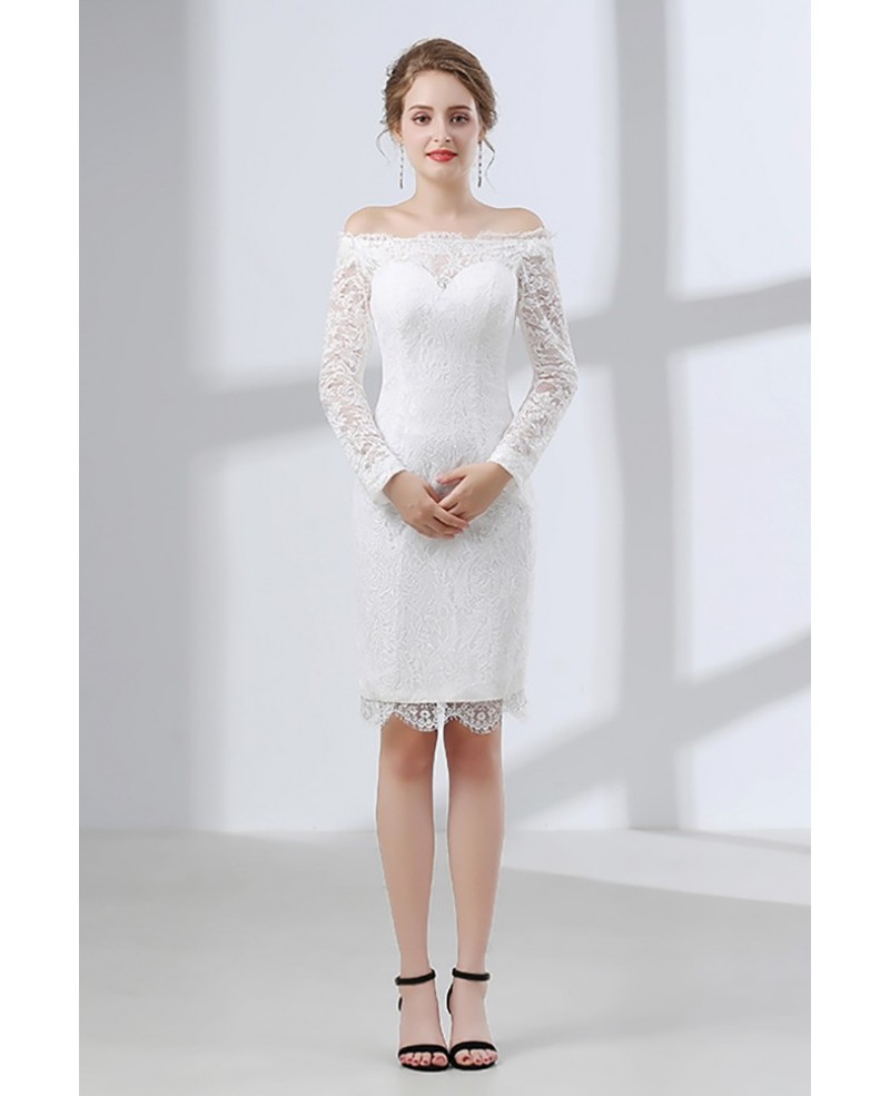 Fitted Lace Off Shoulder Short Wedding Dress Long Sleeves For Wedding Reception Party