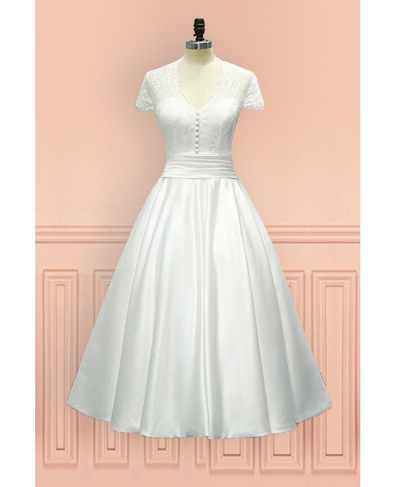 Vintage Tea Length Wedding Dress Sheer Back With Cap Sleeves