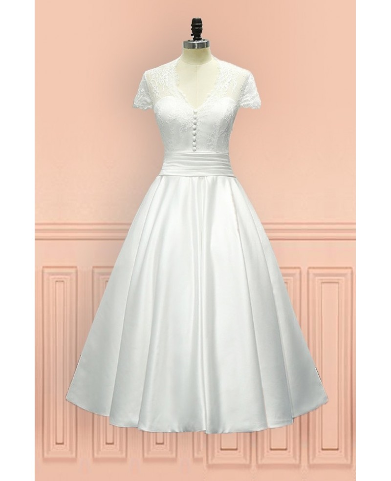 Vintage Tea Length Wedding Dress Sheer Back With Cap Sleeves - Click Image to Close