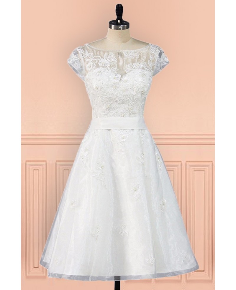 Vintage Knee Length Lace A Line Short Wedding Dress Modest Cap Sleeves