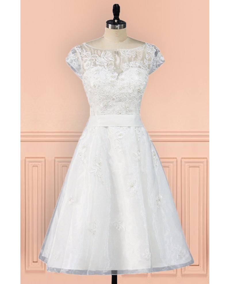 Vintage Knee Length Lace A Line Short Wedding Dress Modest Cap Sleeves - Click Image to Close