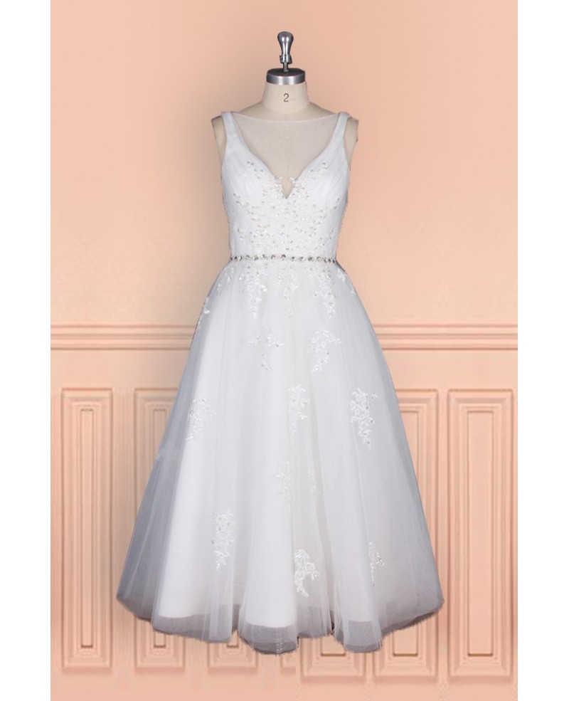 Elegant Tea Length Wedding Dress For Women With Crystal Waist - Click Image to Close