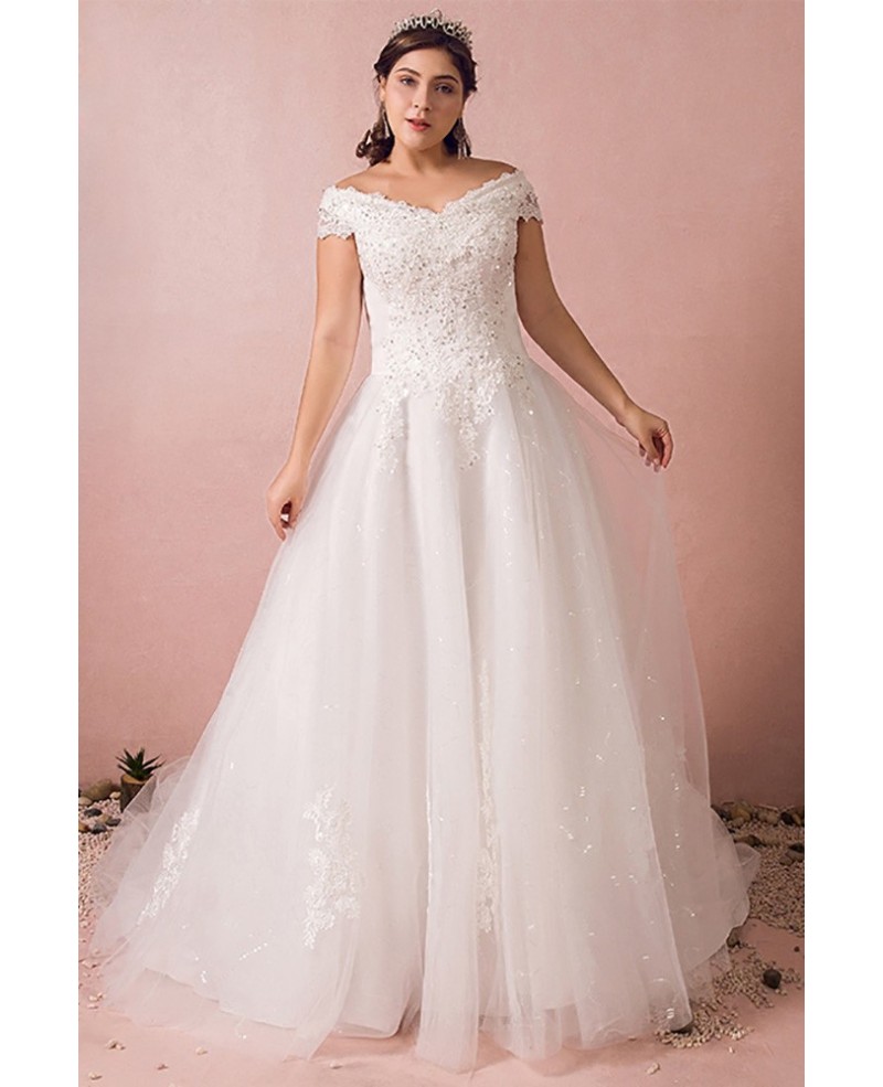 Plus Size Curvy Bride Off The Shoulder Wedding Dress Lace Long Train - Click Image to Close