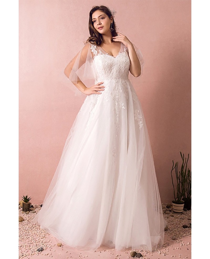 Plus Size Tulle Beach Wedding Dress Boho With Sleeves 2018