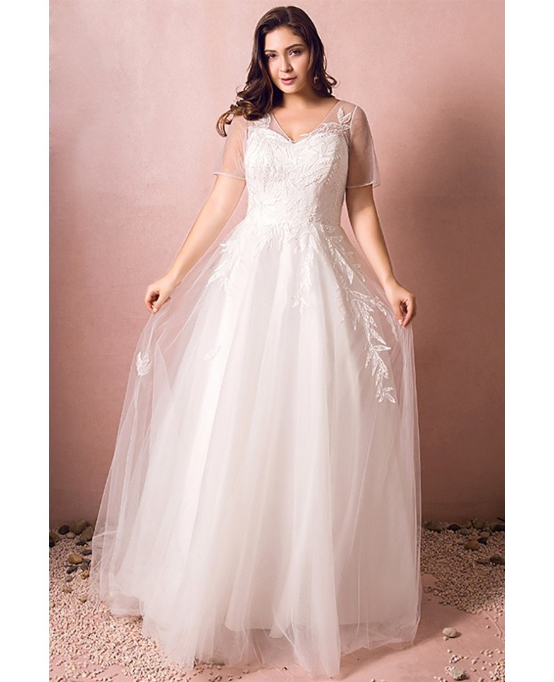 Simple Modest Plus Size Beach Wedding Dress Illusion Sleeves Long Tulle Style