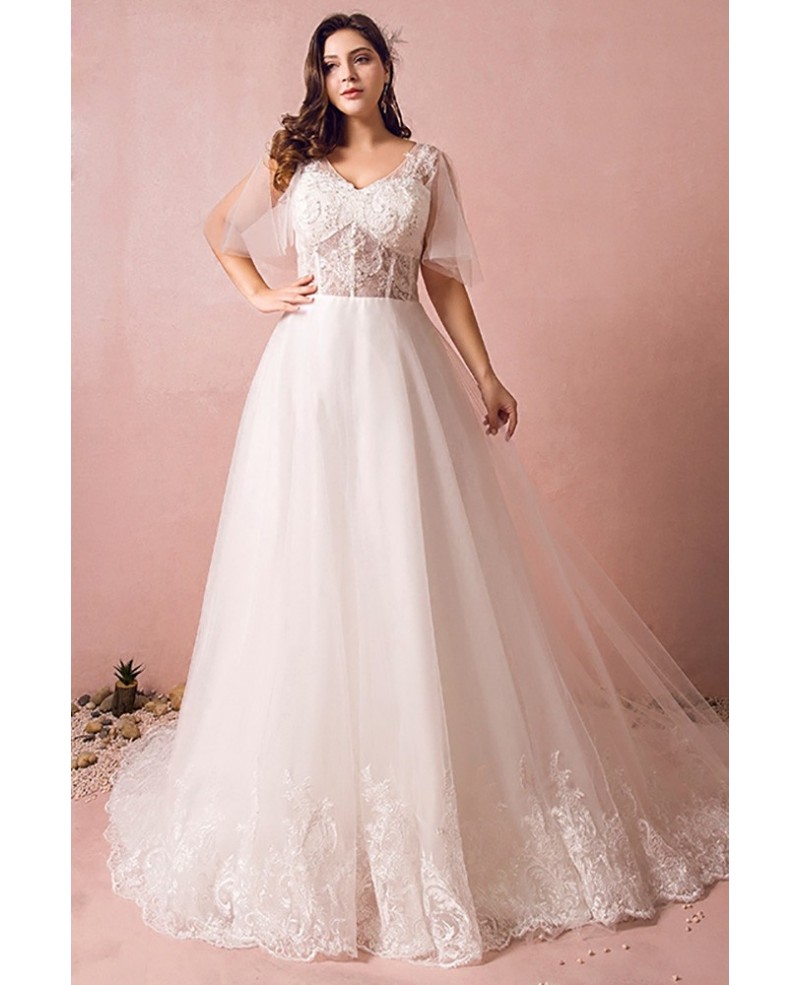 Flowy Plus Size A Line Lace Wedding Dress Tulle Corset With Long Train - Click Image to Close