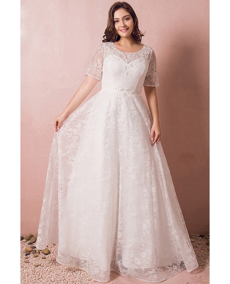 Modest Lace Short Sleeve Plus Size Wedding Dress With Beading For Cheap Online - Click Image to Close