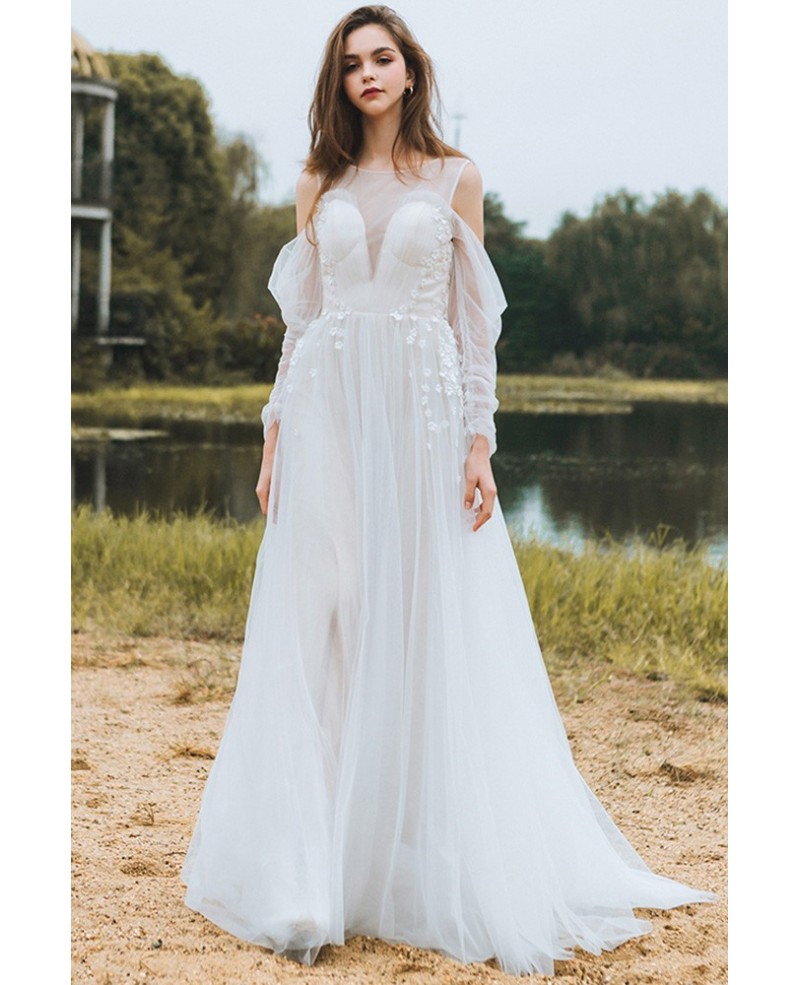 Flowy Long Tulle Boho Beach Wedding Derss With Long Sleeves Low Back - Click Image to Close