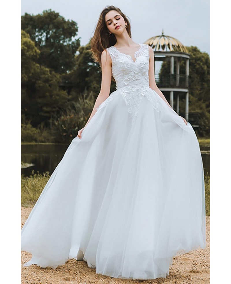 Elegant Lace V-neck Beach Wedding Dress Boho Long Tulle A Line For Cheap - Click Image to Close