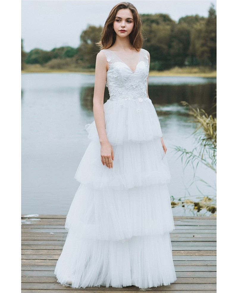 Unique Tiered Tulle Low Back Boho Wedding Dress Beach Weddings Long Dress