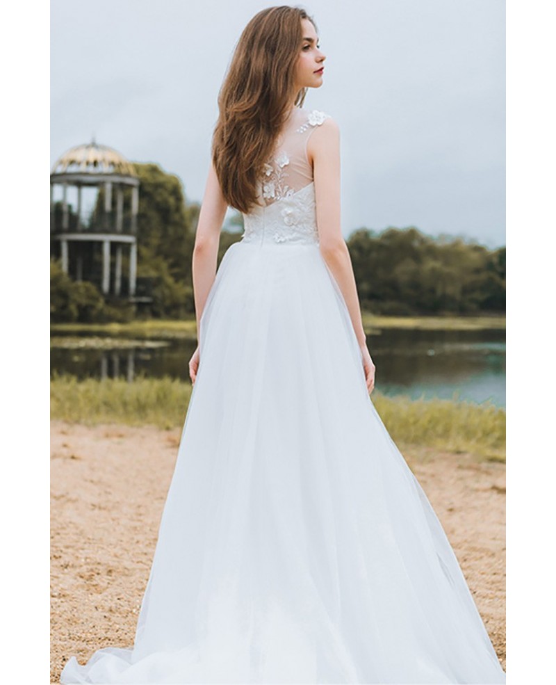 Modest Lace A Line Beach Wedding Dress Cheap Boho Cap Sleeves Long Flowing Tulle - Click Image to Close