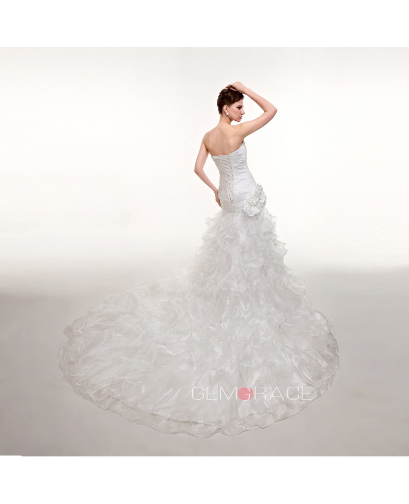 Strapless Pleated Mermaid Long Train Wedding Dress with Flowers