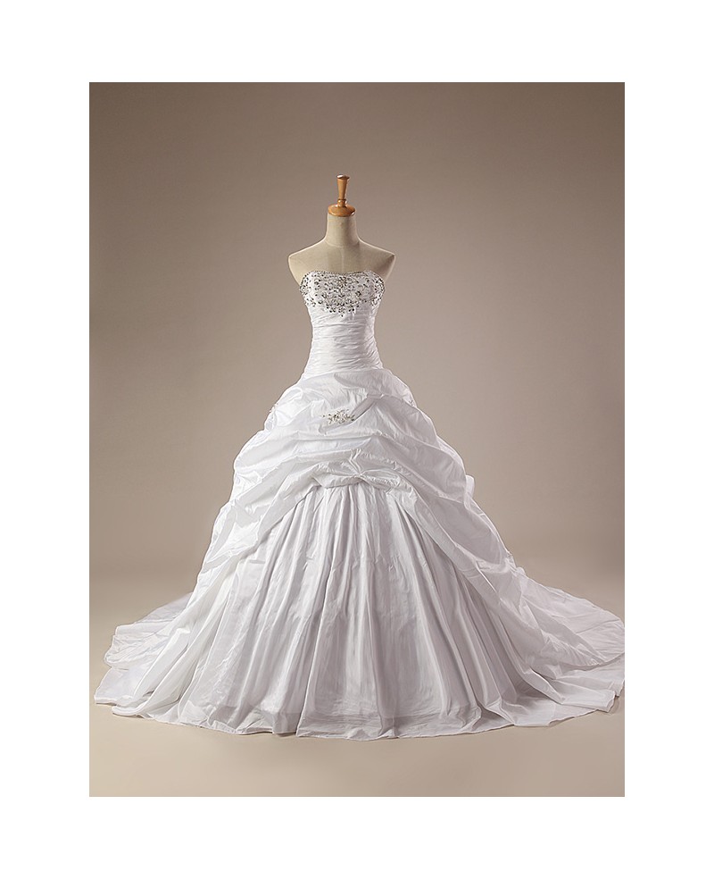 Strapless Beaded Top Ruffled Train Length Wedding Dress