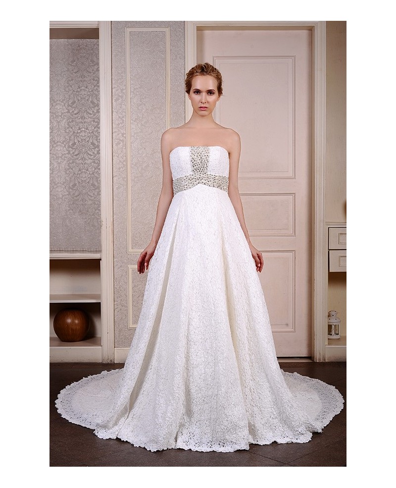 Ball-Gown Strapless Cathedral Train Lace Wedding Dress With Beading - Click Image to Close