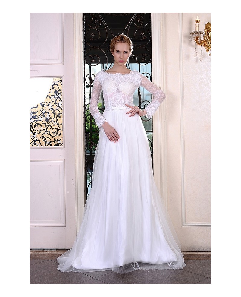 A-Line Scoop Neck Sweep Train Organza Wedding Dress With Appliques Lace