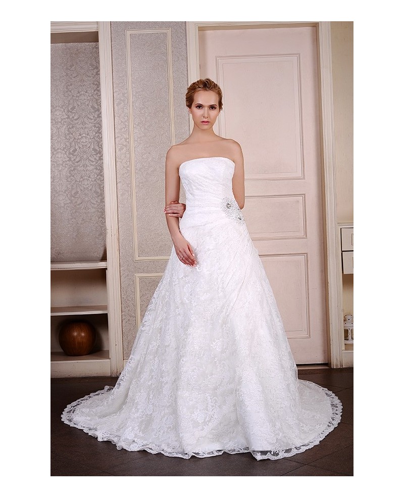 Ball-Gown Strapless Chapel Train Lace Wedding Dress With Beading