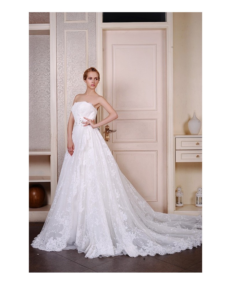 Ball-Gown Strapless Cathedral Train Lace Tulle Wedding Dress With Beading