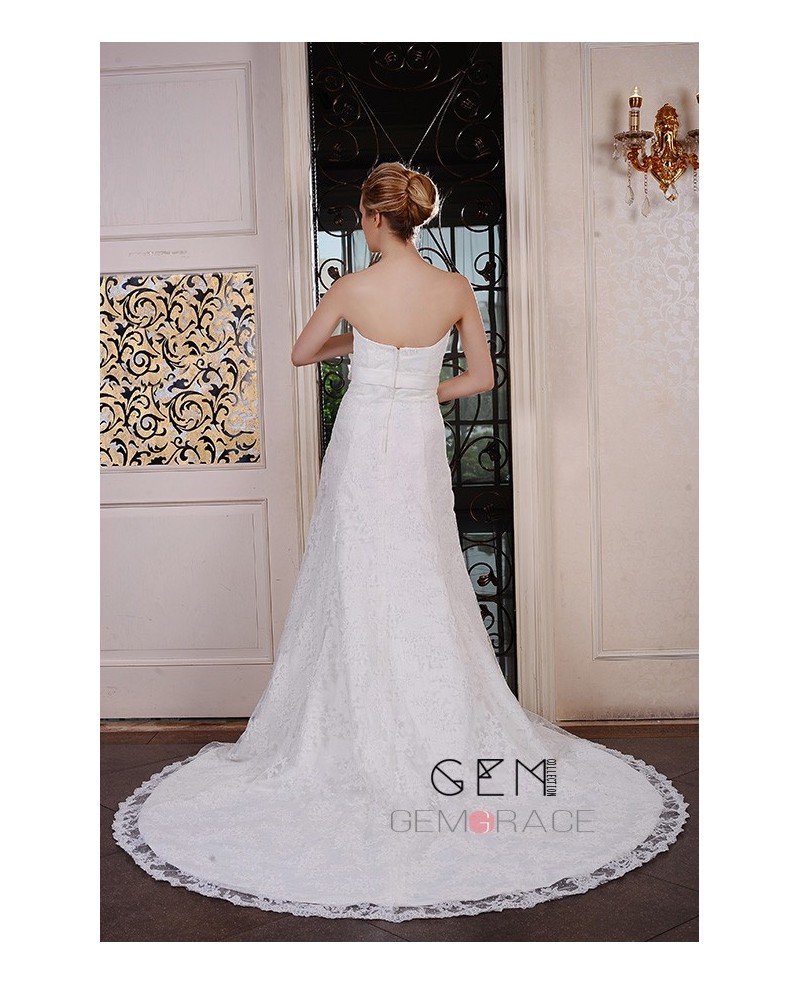 Sheath Strapless Chapel Train Lace Wedding Dress With Beading Flowers