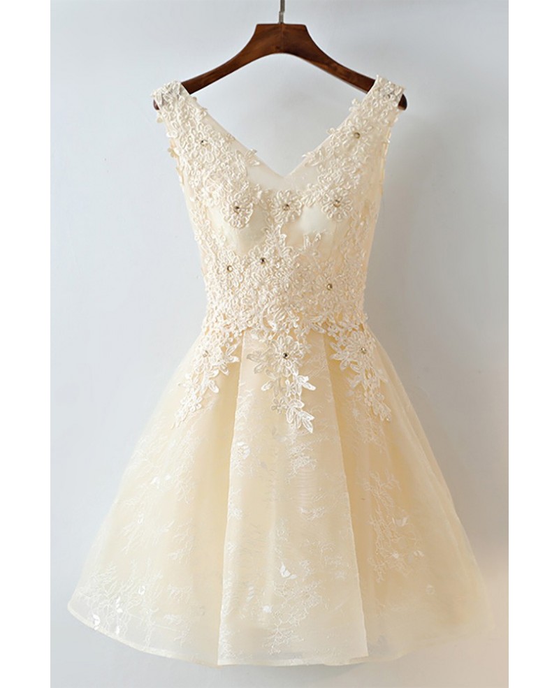 Gorgeous Champagne Short Lace Homecoming Party Dress Sleeveless - Click Image to Close