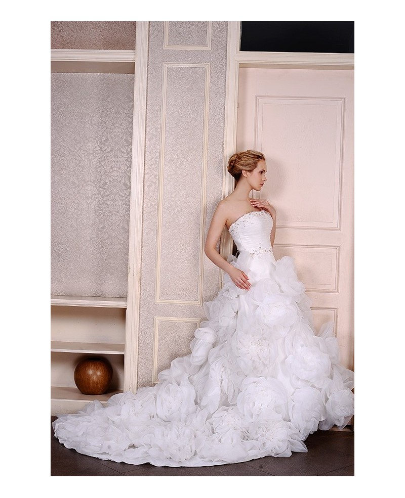 Ball-Gown Strapless Chapel Train Organza Wedding Dress With Beading Flowers