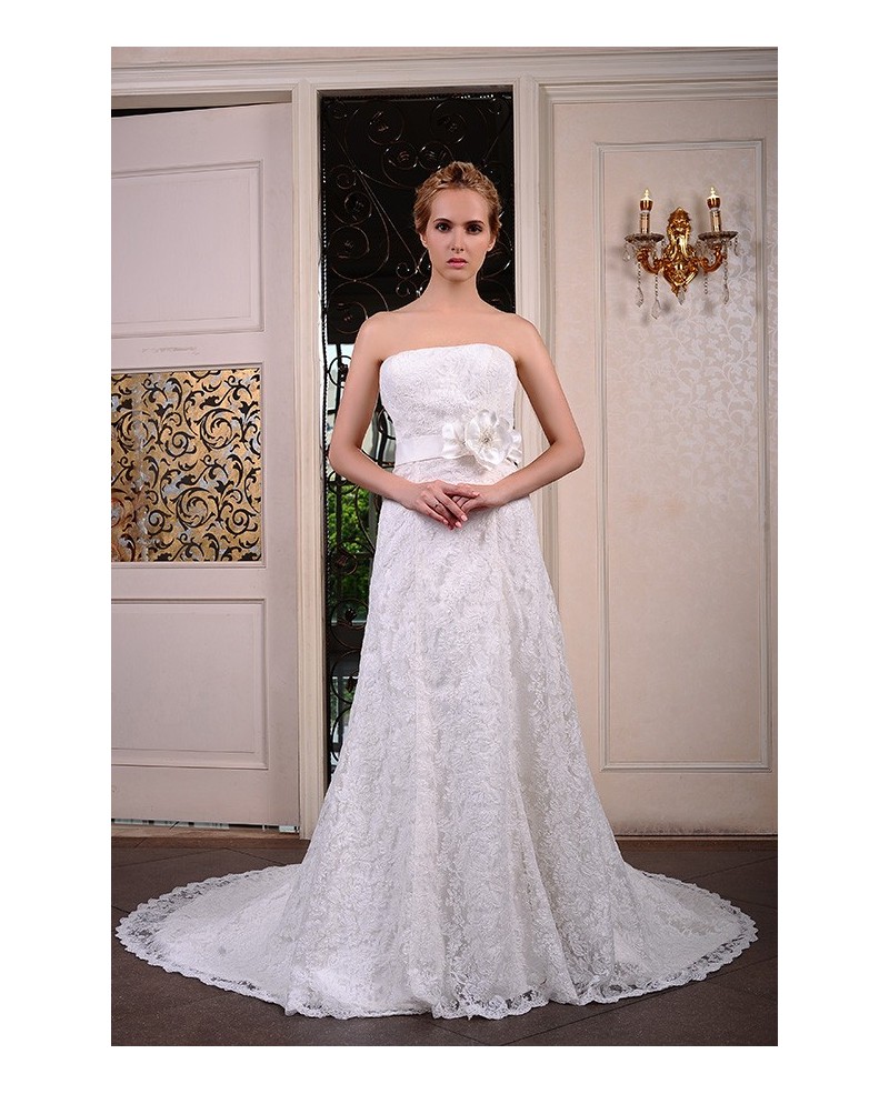 A-Line Strapless Court Train Lace Wedding Dress With Beading Flowers